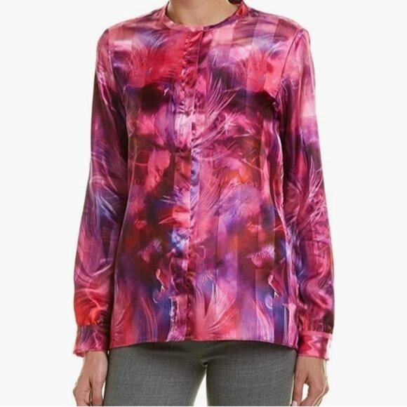 T Tahari Womens blouse Driya Pink Satin Printed Workwear Size XL snap button new - Picture 1 of 16